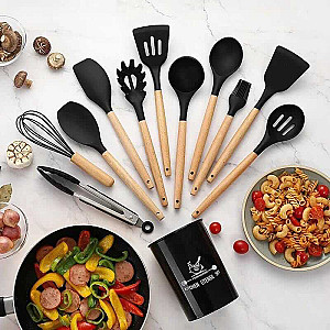 Silicone Kitchen Utensils Wooden Handle, 12 Pcs Set