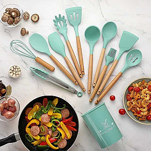 Silicone Kitchen Utensils Wooden Handle, 12 Pcs Set